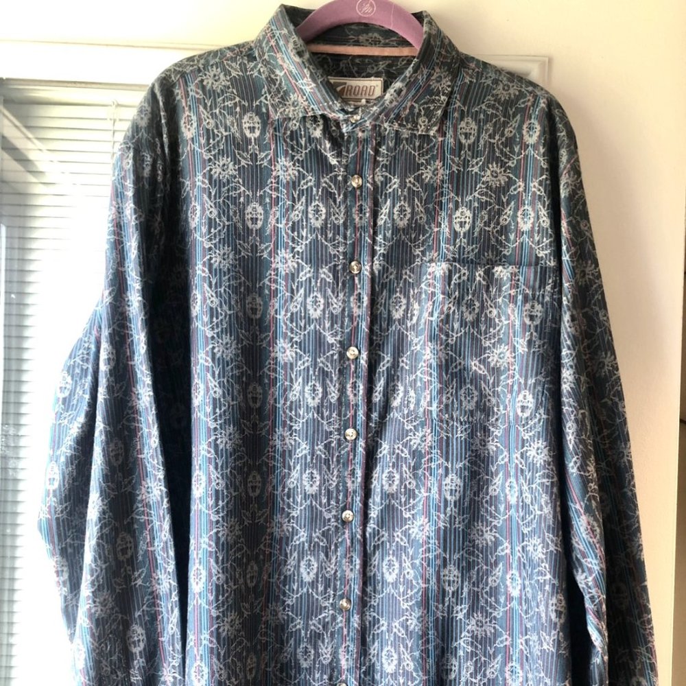 ROAD blue pattern button down men's shirt, sz L